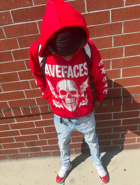 SAVEFACES Skull Hoodie – Red Streetwear Hoodie