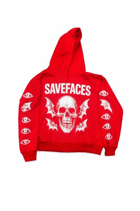 SAVEFACES Skull Hoodie – Red Streetwear Hoodie